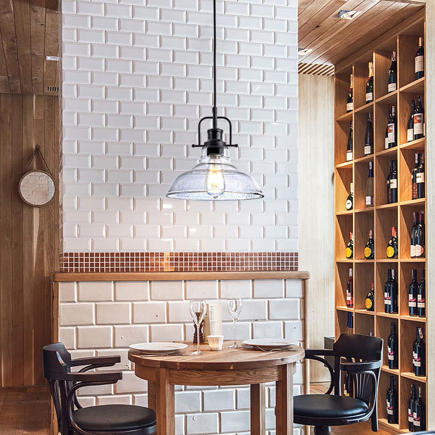 Zlepmlla Glass Pendant Light,Black Pendant Light Fixtures with Seeded Glass Shade, Adjustable Height Hanging Lights for Hallway, Kitchen Island, Dinning Room(Bulb not Included)