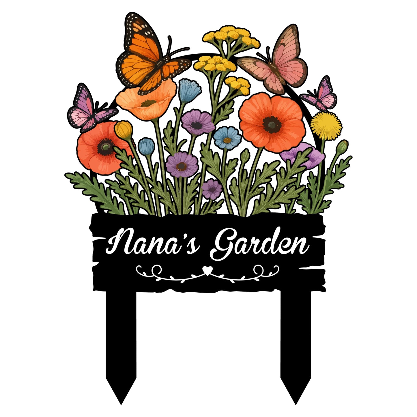 Custom Metal Garden Decor, Personalized with Stakes Garden Sign, Custom Name Sign, Home Gift, Large Outdoor Decor, Patio Décor (Wildflowers and Butterflies)