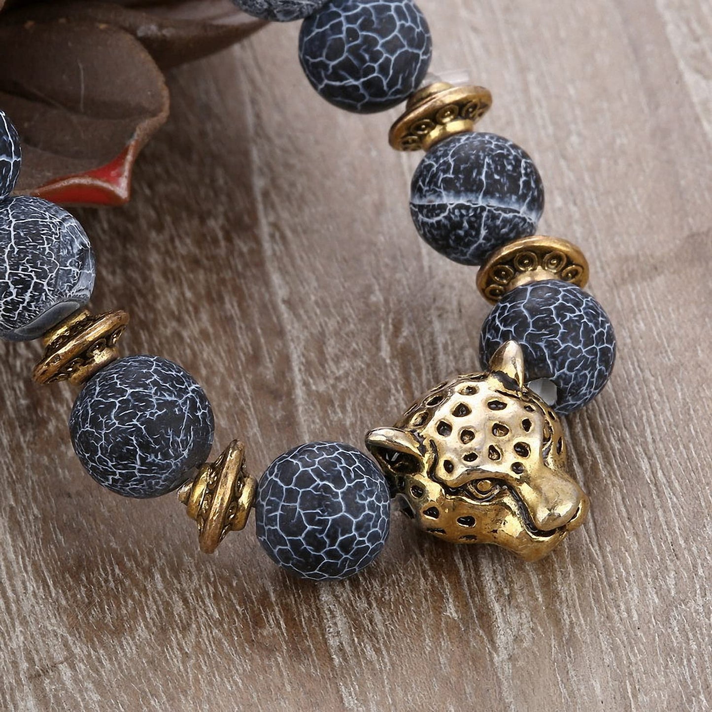 Unisex 8 mm Volcanic Lava Rock Gold Plated Panther Leopard Head Bead Buddha Bracelet Natural Stone Anti-Anxiety Essential Oil Diffuser Energy Balance Stress Relief Reiki Chakra Healing Yoga Meditation