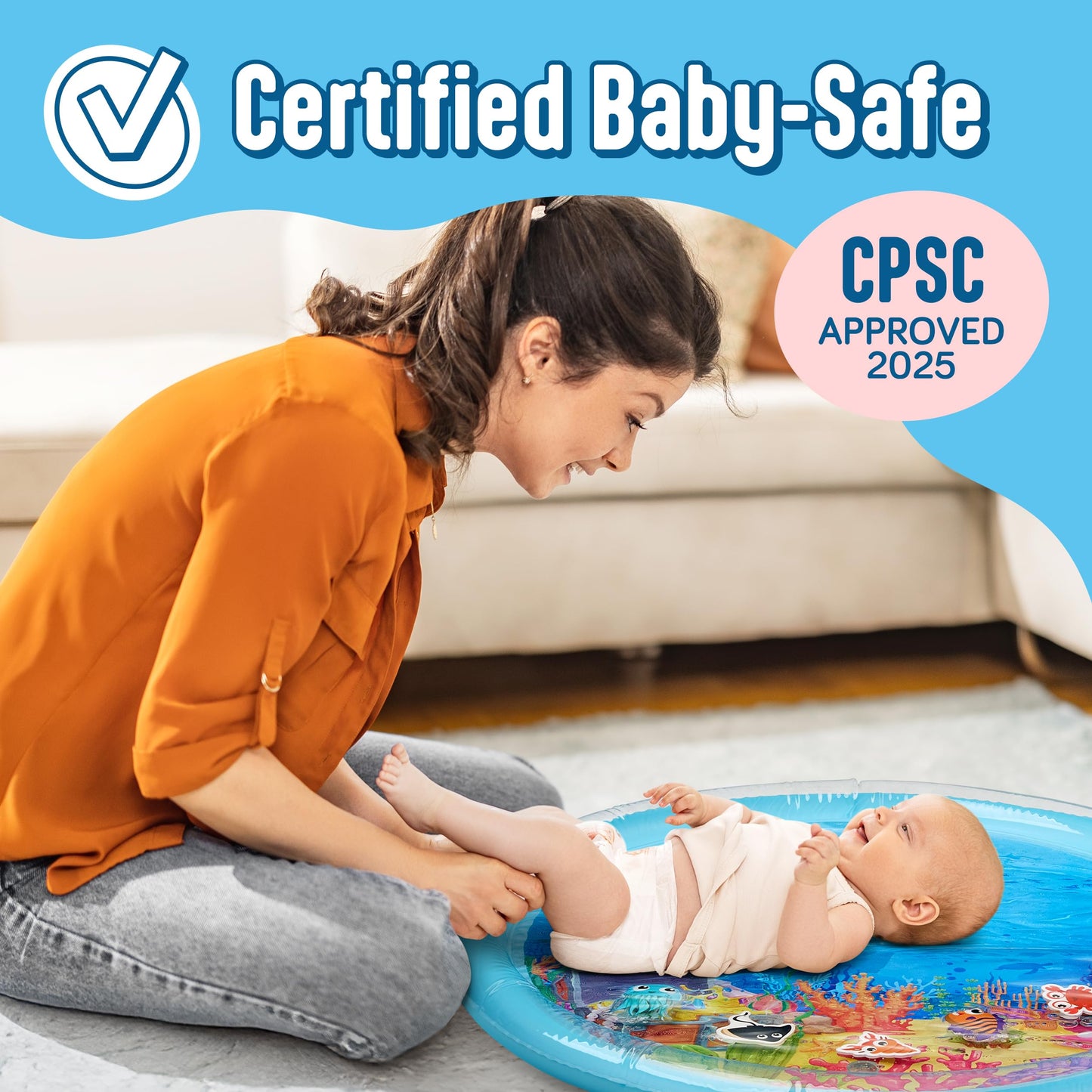 SplashEZ Lights Up Tummy Time Water Mat for Babies, 30" X-Large Baby Water Mat Tummy Time for Sensory Play with LED Glowing Fishes, Inflatable Fun Play Pad for Infants & Toddlers 3 to 36 mo