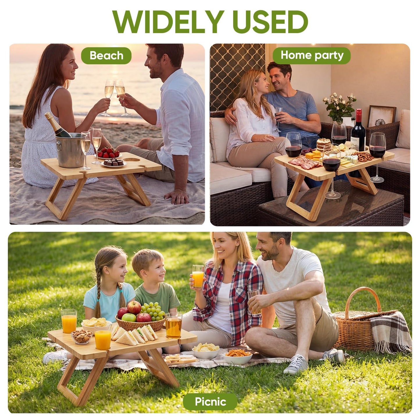 Dumbpec Bamboo Wine Picnic Table, Foldable Portable Charcuterie Tray with Bottle Slot and 4 Glass Holders, 15.6 x 11.7 x 7.5 in, for Beach, Park, Camping