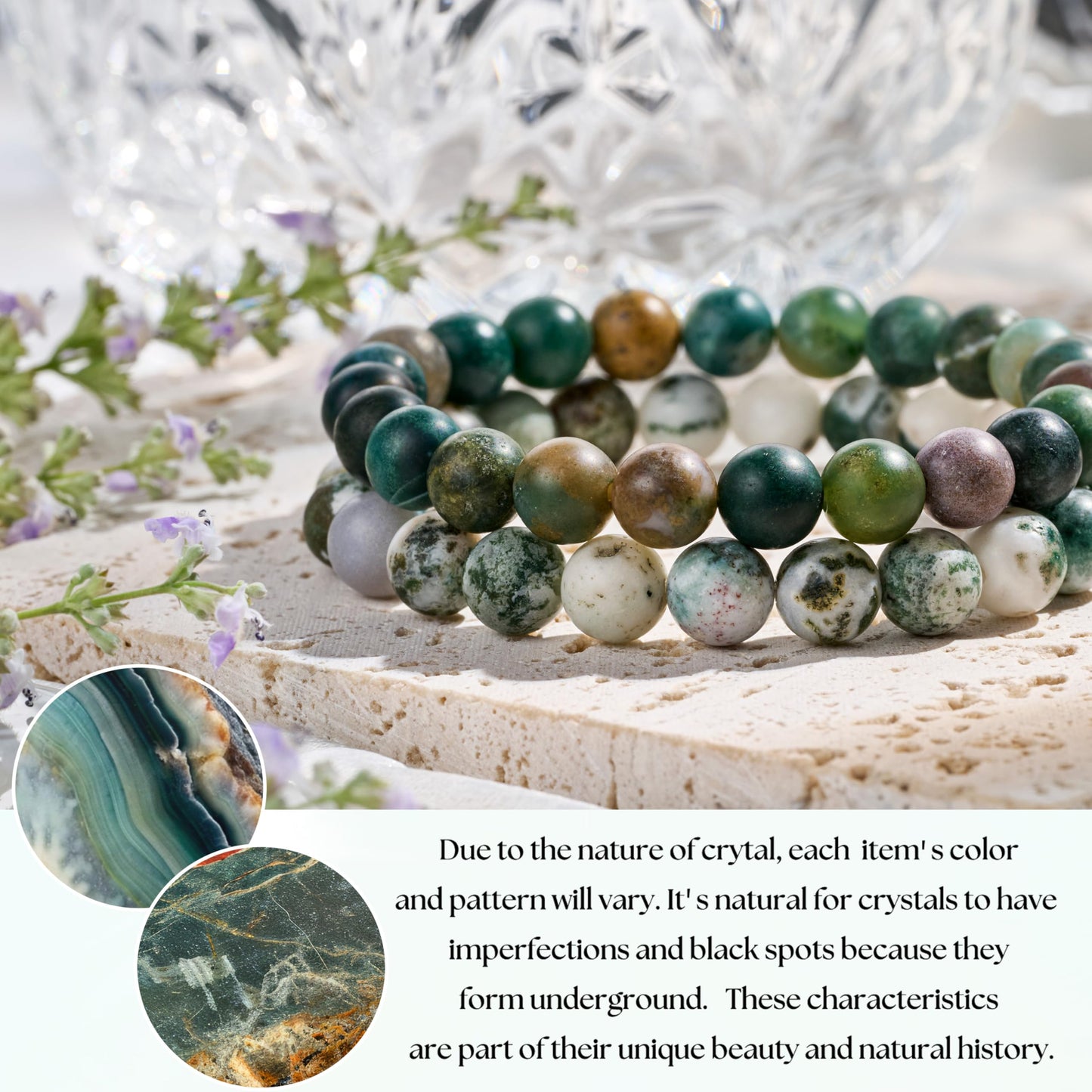 Bivei Natural Gemstone Semi Precious Crystals Handmade Stretchy Round Beads Bracelet, Enhance Positive Energy,Stocking Stuffers for Women(Tree Agate & India Agate(Strength & Harmony) Medium)