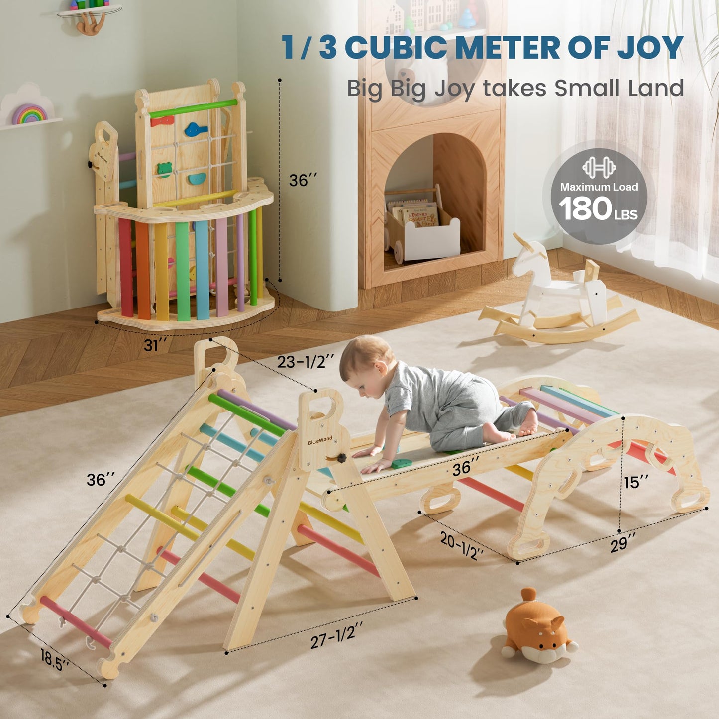 BlueWood 2024 8-in-1 Pikler Triangle Climbing Set Toddler Toys Indoor Baby Jungle Gym Climber Playground for Kids - Rainbow