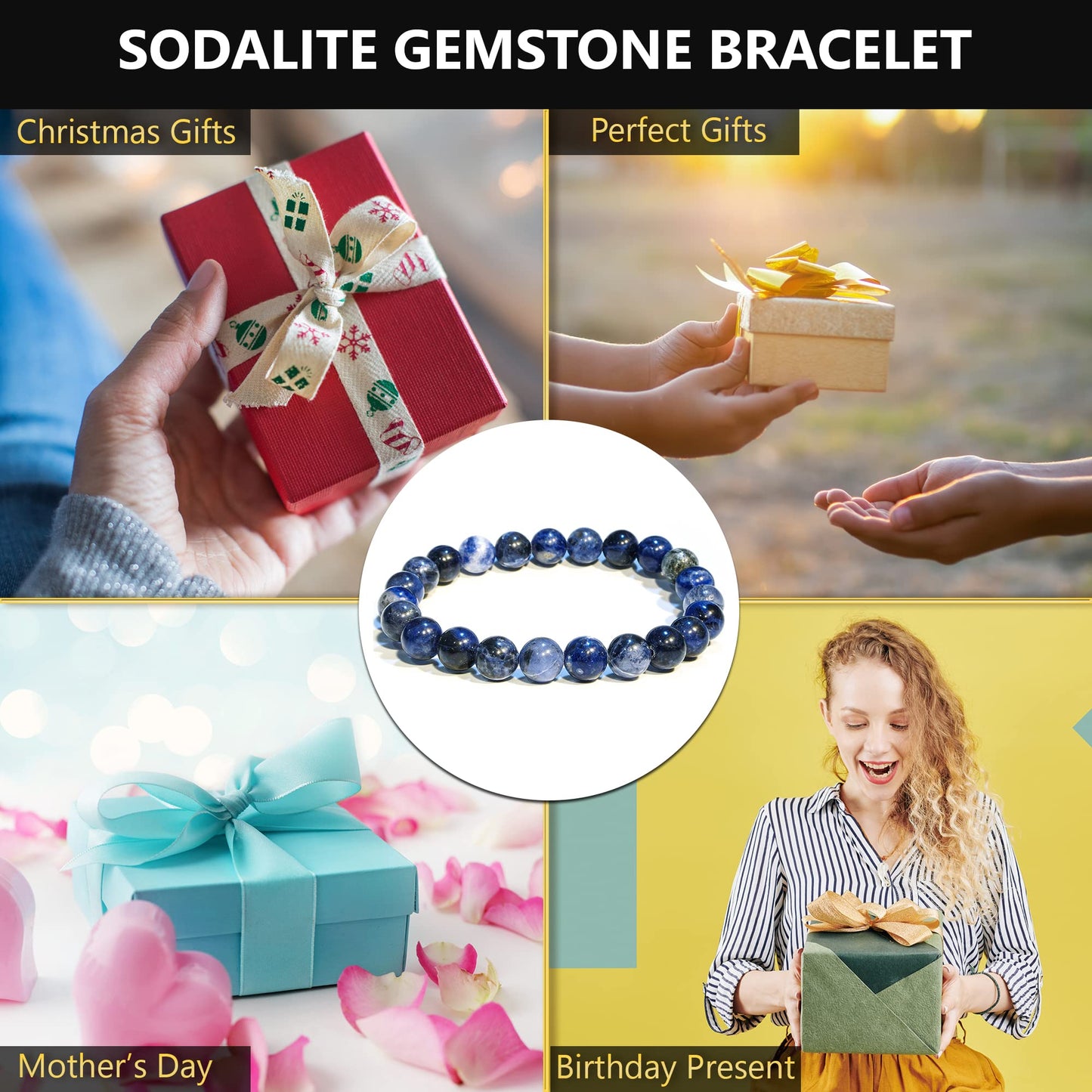 ANAYA AGATE Sodalite Bracelet, Natural Healing Crystal Bracelet for Women and Men, 8mm Round Beaded Bracelet for Spiritual, Protection, Positive Energy, Elastic Adjustable Size Gemstone Bead Bracelet