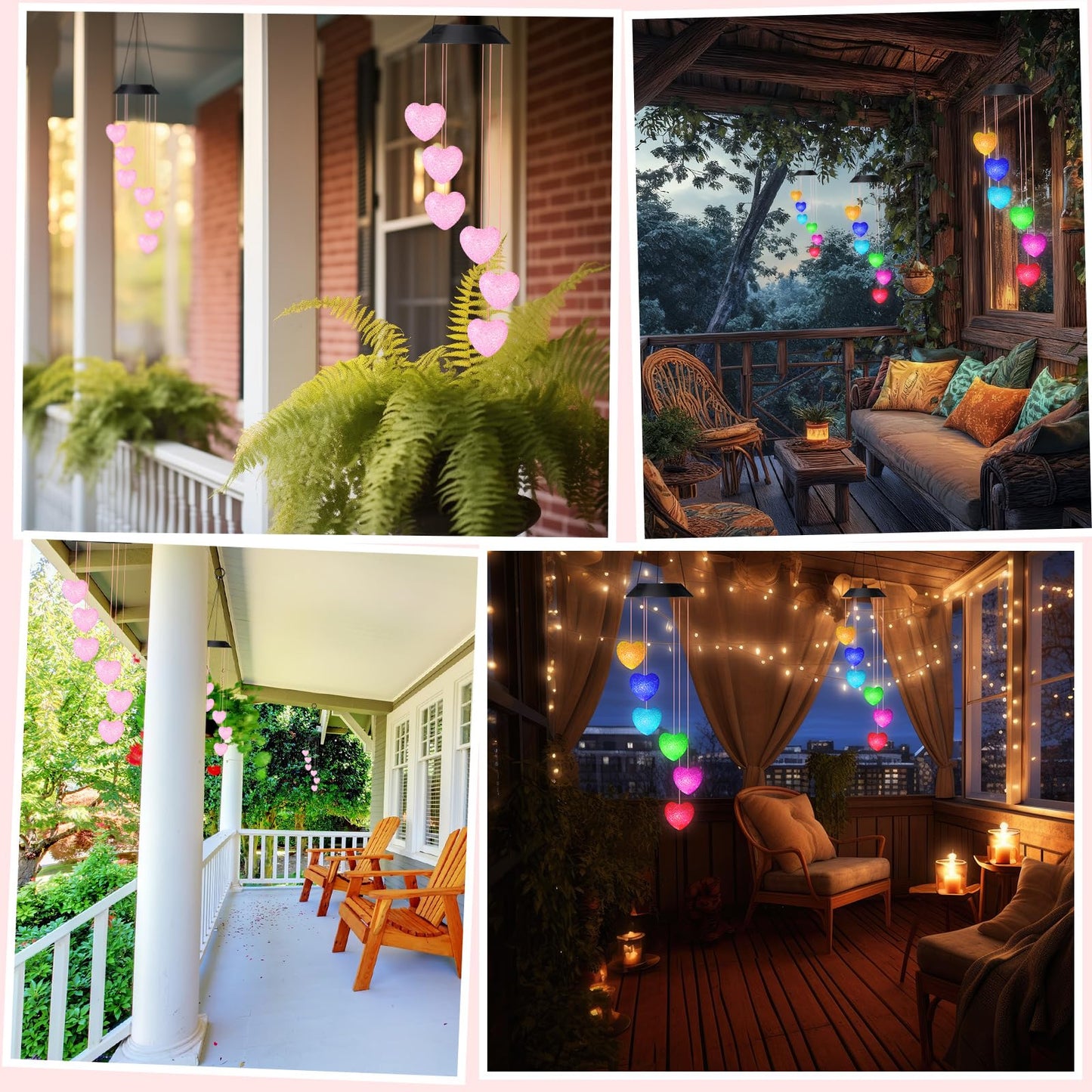 Glooglitter 2 Pcs Heart Solar Wind Chime Gift for Women Mom Grandma Sister Ideal Gift Mother's Day Decoration for Garden Patio Yard, Romantic Night Light Home Decor(Pink Heart)