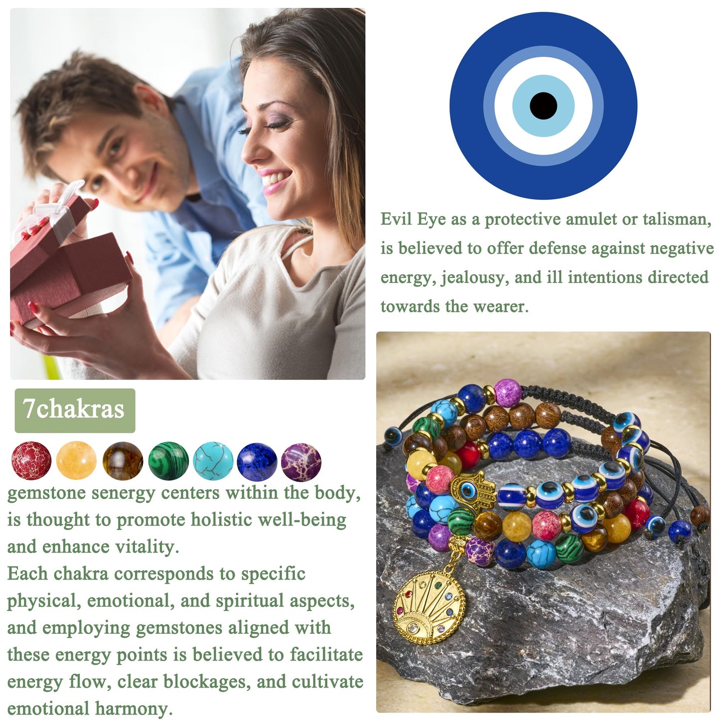 Bivei Evil Eye Bracelet Natural Semi Precious Gemstone Beads 7 Chakra Crystal Stone Beaded Adjustable Braided Bracelets for Women Men Yoga Meditation(Evil Eye)