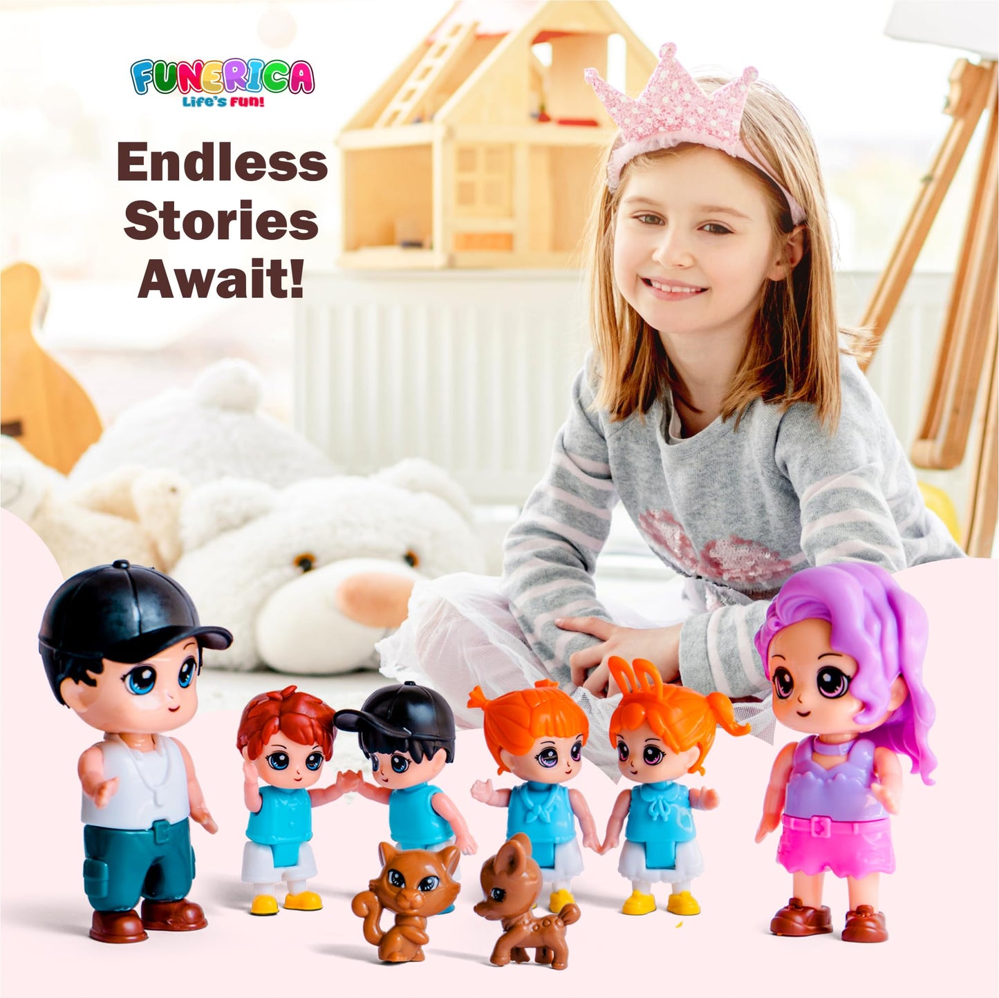 FUNERICA Dollhouse Family Figures & Pets – Poseable Family Dolls Playset – Miniature Dollhouse People for Doll House Accessories - Compatible with 1:12 & 1:24 Scale Wooden and Plastic Dollhouses