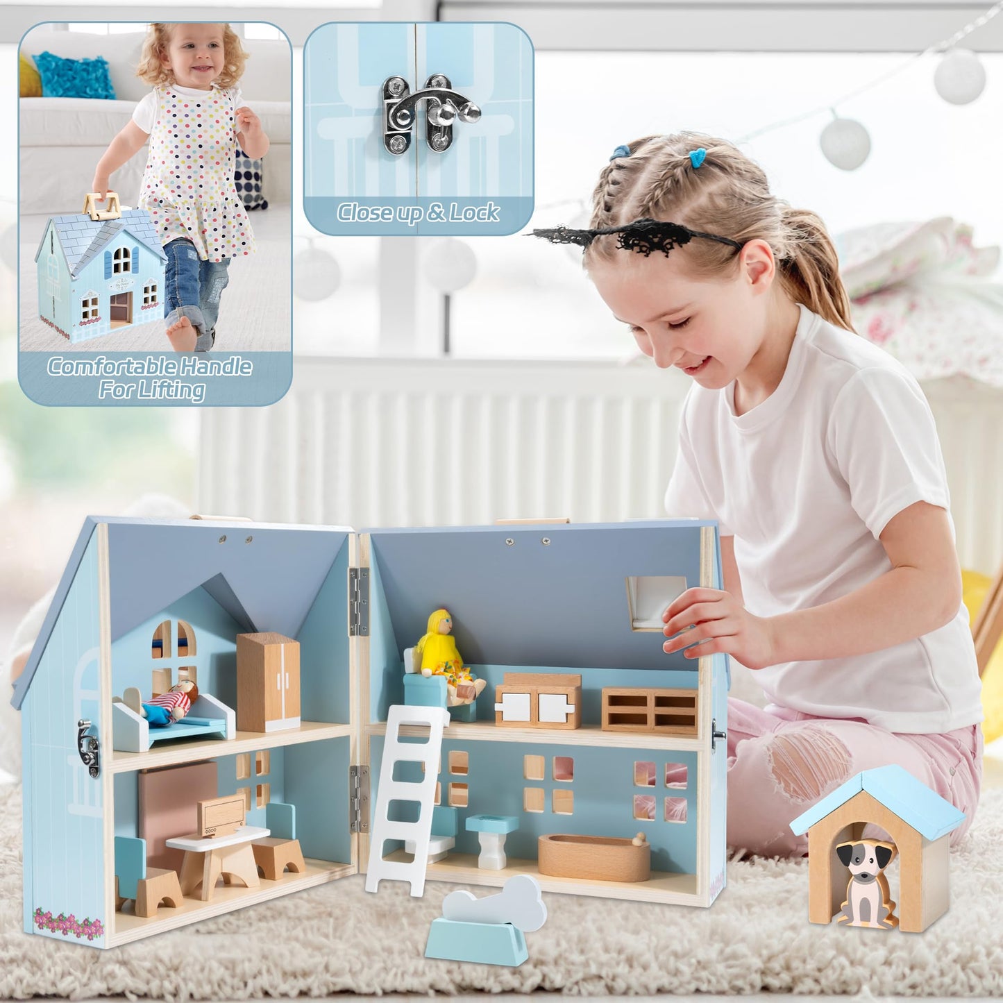 WOODMAM Foldable Wooden Dollhouse with 2 Dolls & Pet Set, 20PCS Furniture Wooden Doll House for Girls Age 3-6, Portable Pretend Play Toy, Christmas Birthday Gift for Toddlers