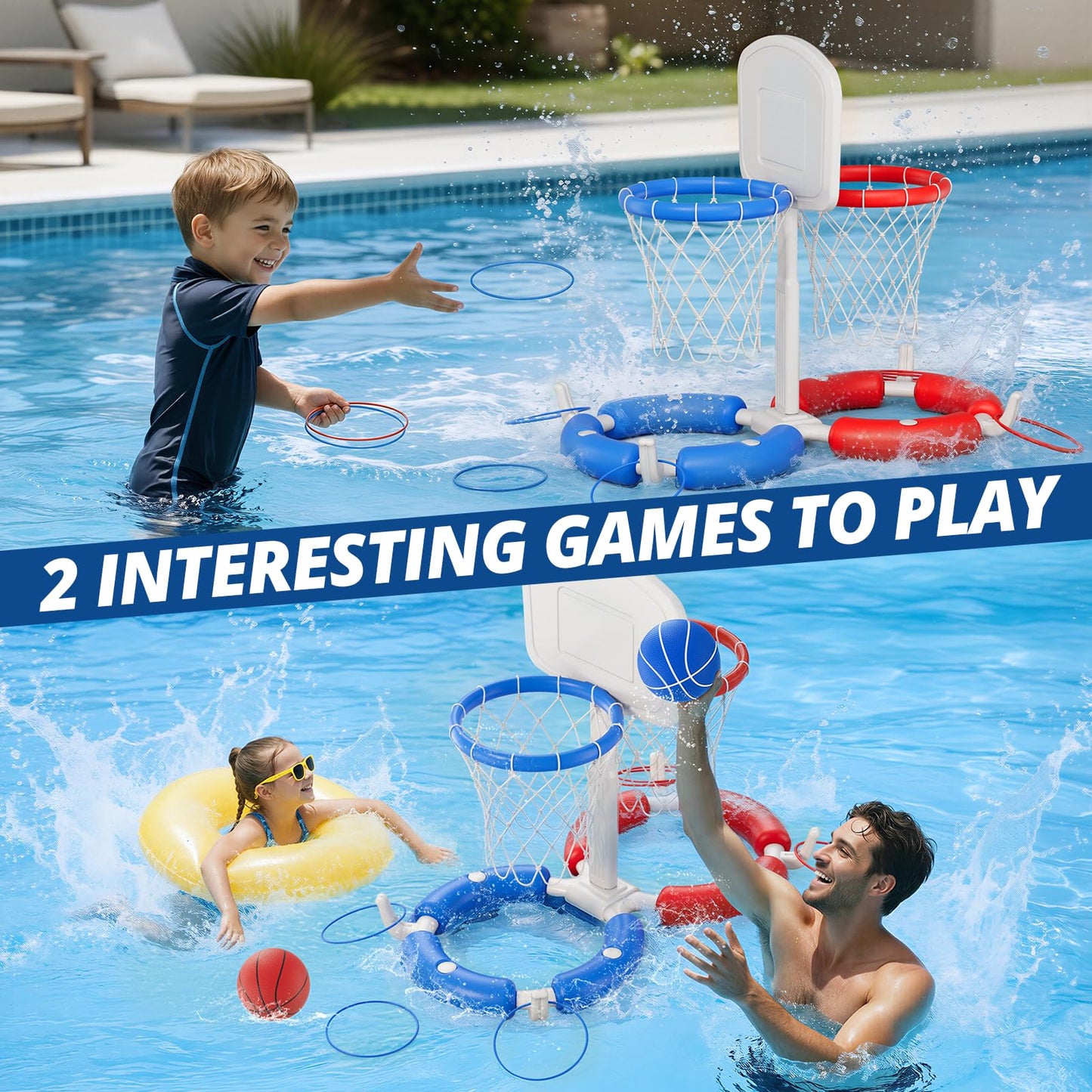 HYES Double Pool Basketball Hoop with Backboard, 2-in-1 Floating Pool Toys Ring Toss Game, 2 Player Games Summer Outdoor Water Toys Gifts for Kids Ages 4-8 8-12 & Adults, Family Swimming Pool Party