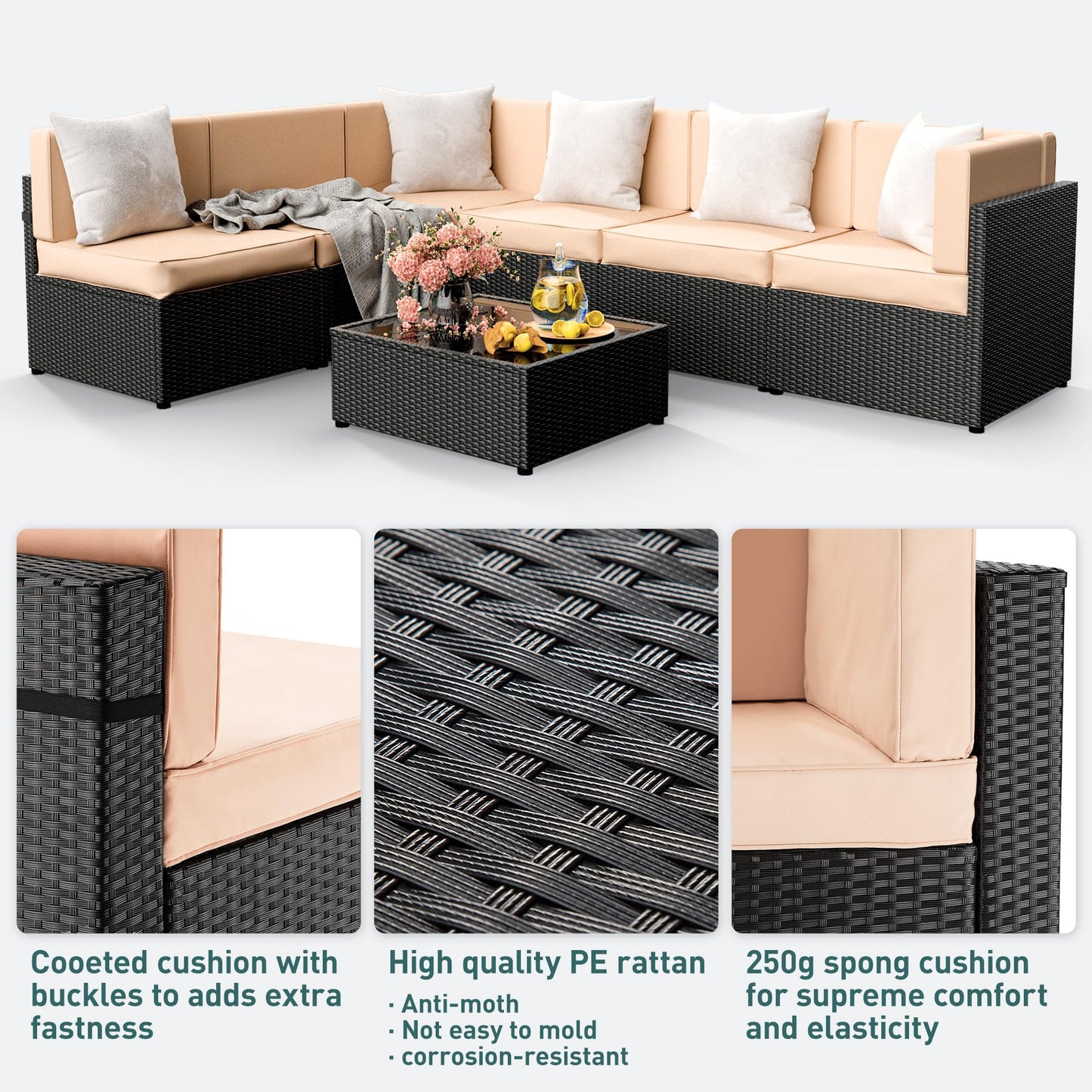 Pamapic 7 Pieces Outdoor Sectional Furniture,Wicker Patio sectional Furniture Sets,All-Weather Rattan Sectional Sofa Conversation Set with Coffee Table and Washable Couch Cushions Covers