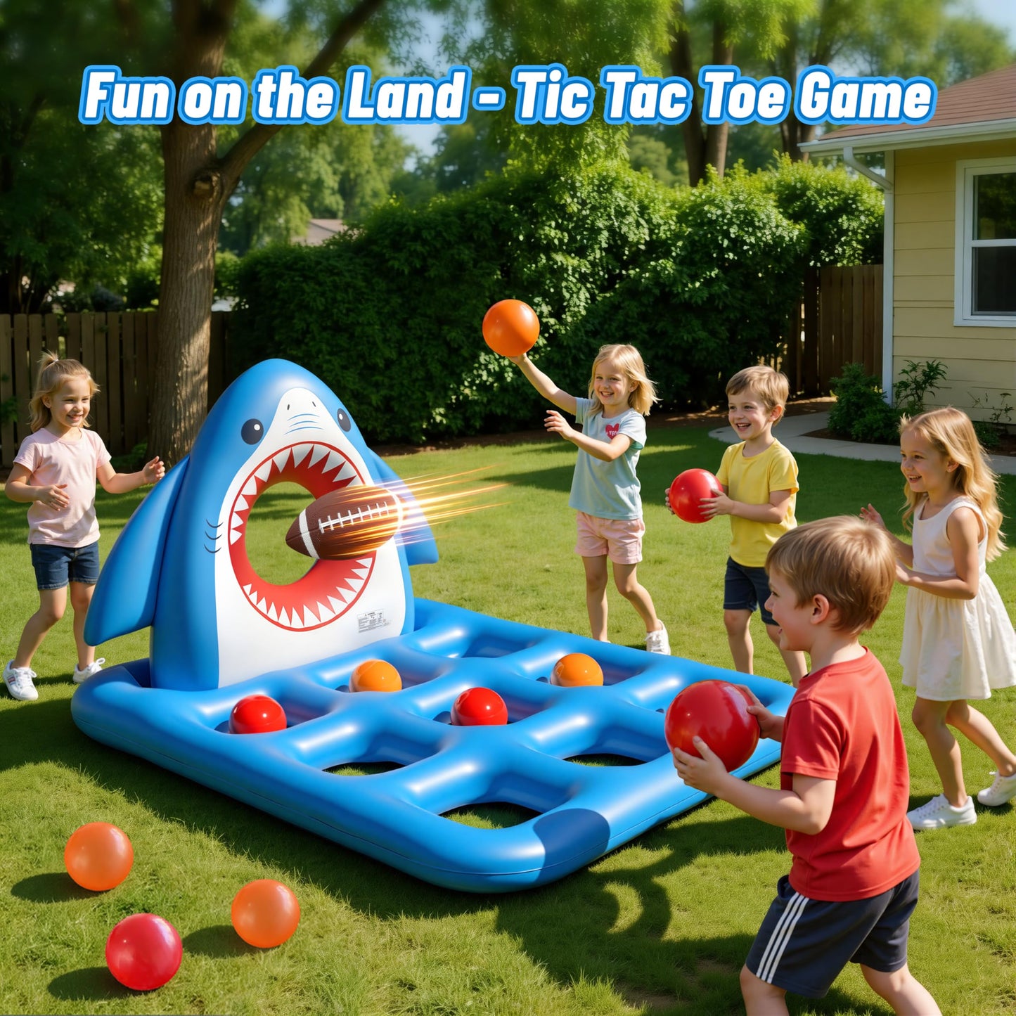 JOSEN Inflatable Pool Toy Set, Fun 2-in-1 Shark Pool Water Games Floating, Giant Tic Tac Toe Game with 10 Balls & Football - Family Pool Party Swimming Toys for Kids Ages 6+ Adults Teens