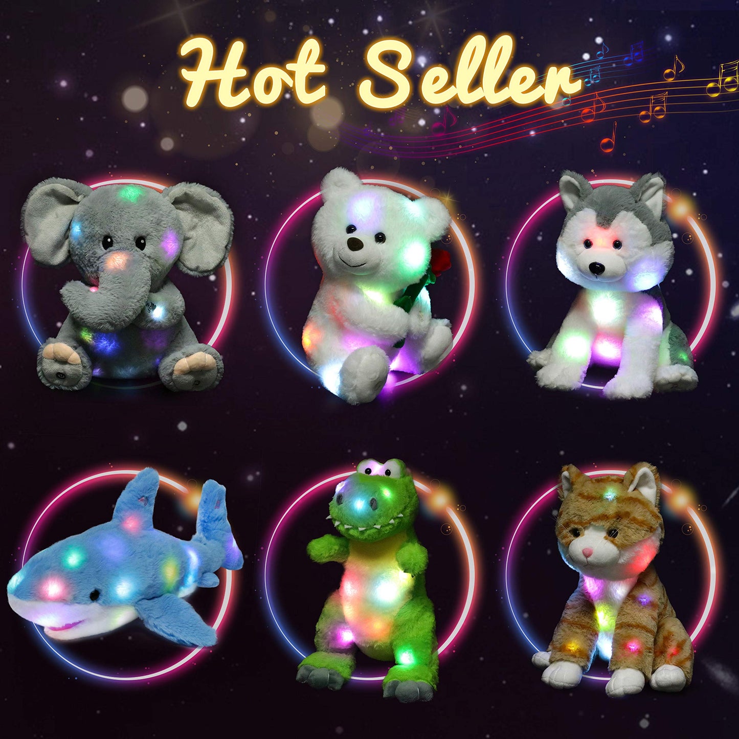 Hopearl LED Musical Stuffed Puppy Lighting Up Singing Plush Toy Adjustable Volume Lullaby Animated Soothe Birthday Festival for Kids Toddler Girls, Rainbow, 10.5''