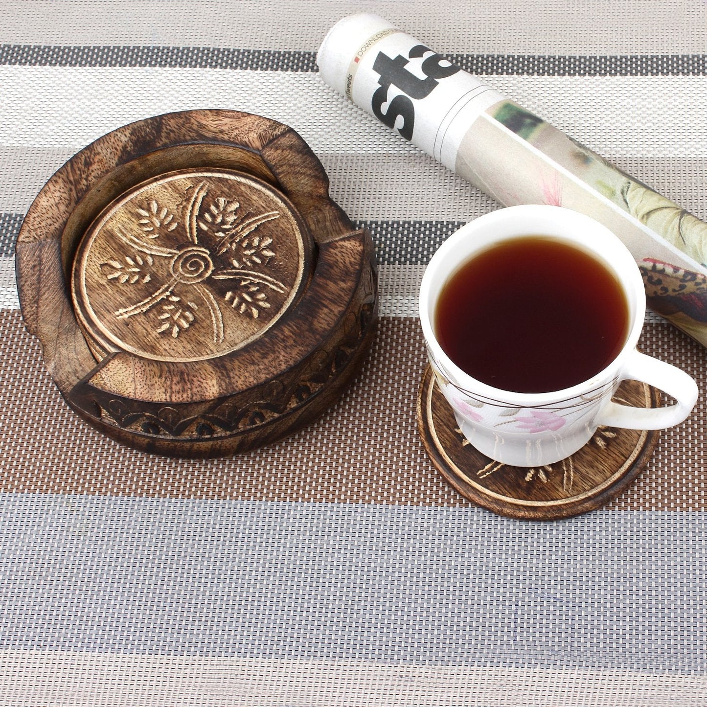 GoCraft Wooden Coasters Set of 6 | Handmade Drink Coasters with Lotus Shaped Holder in Rustic Wood Design Carving