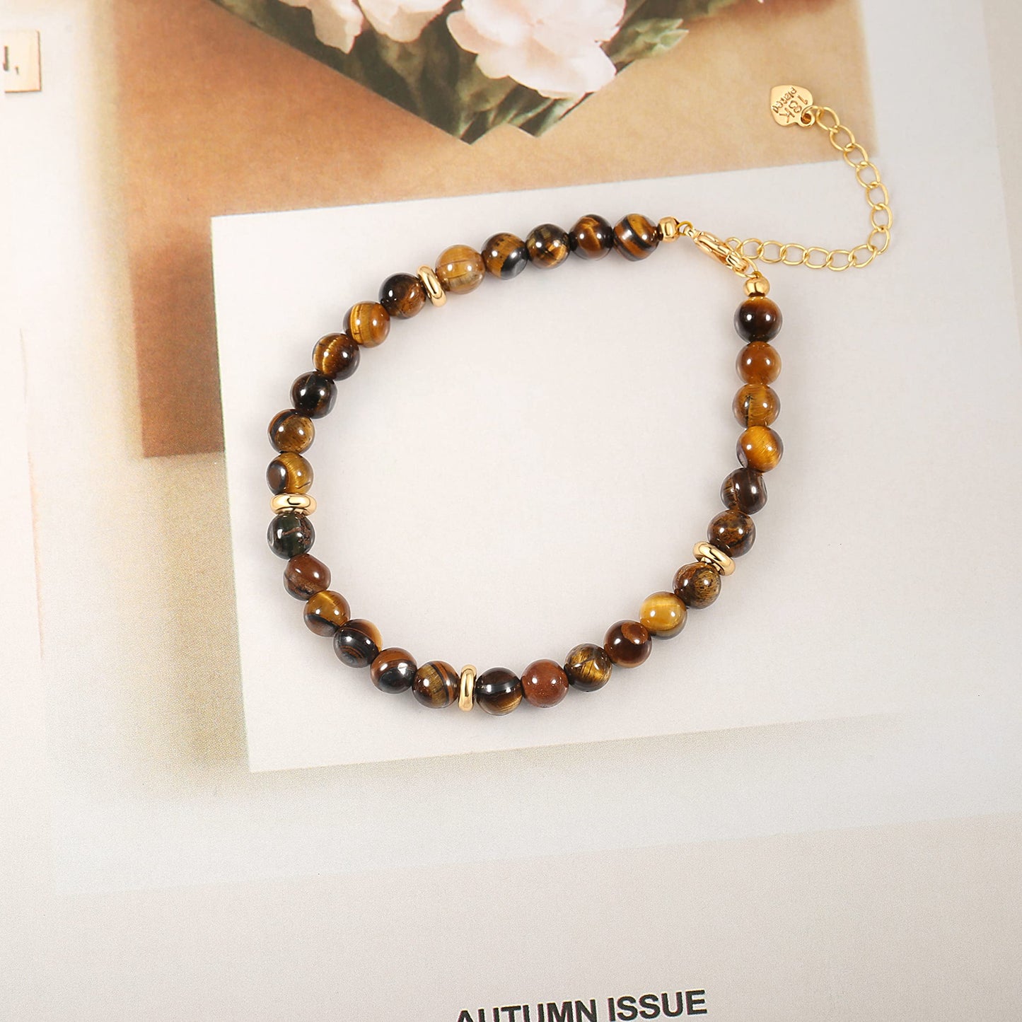 PERNNLA PEARL Tigers Eye Crystal Beaded Bracelets Handmade Anxiety Healing Bracelets for Women Dainty Eye of The Tiger Gemstone Protection Gold Bracelet 7.5”