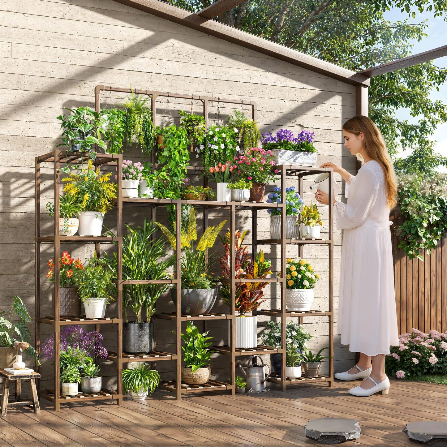 EnHomee Plant Stand Indoor Tall Plant Stand Outdoor Large Wood Plants Shelf with 18-22 Pots for Patio, Living Room, Garden, Balcony, 55.9" Wx63.1 Hx11.78 D