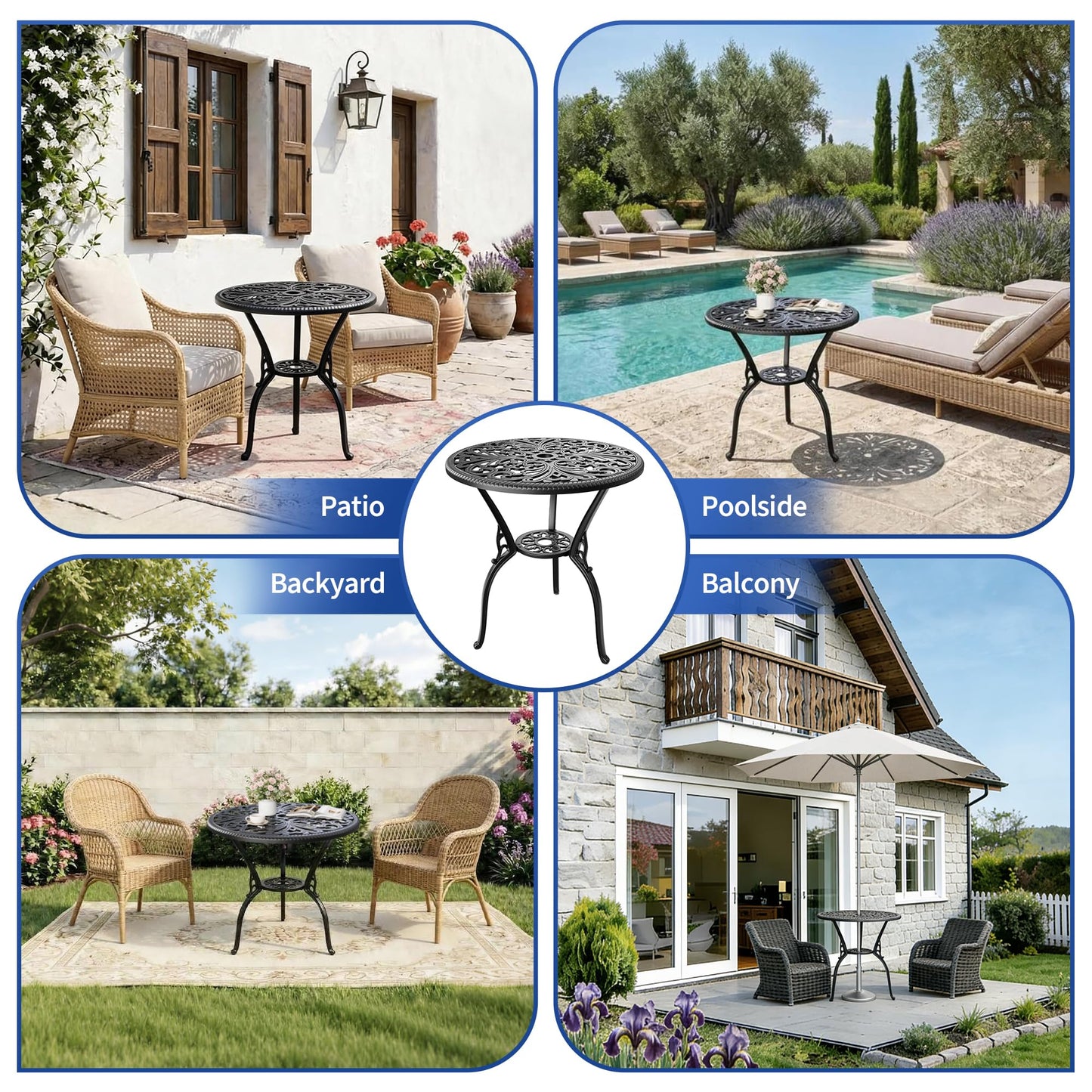 IDEALHOUSE Patio 23''Cast Aluminum Side Table with Umbrella Hole,Outdoor Small Coffee Tables,Anti-Rust Bistro Table,Round End Table,Outdoor Furniture for Indoor,Patio,Garden,Porch,Balcony(Retro Black)