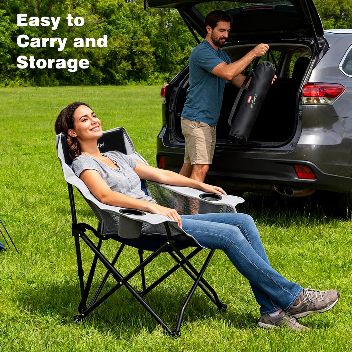 SUNNYFEEL Lightweight Oversized Camping Chairs for Adults Portable Folding Chair with Side Pockets & Cup Holde for Beach,Fishing,Trip,Picnic,Lawn,Concert Outdoor, Carry Bag Included