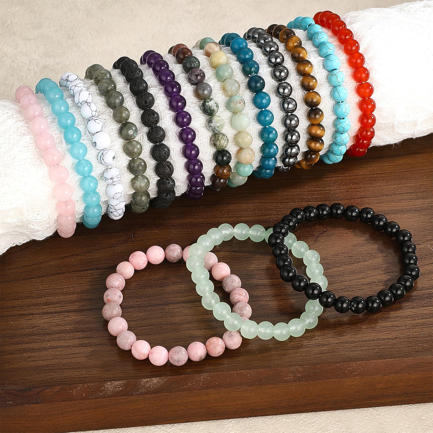 MEDOJO 16 Pcs Crystal Stone Bracelets Set for Women Men Semi-Precious Gemstones 8mm Round Beads Bracelet Crystal Stone Stretch Bracelets Jewelry