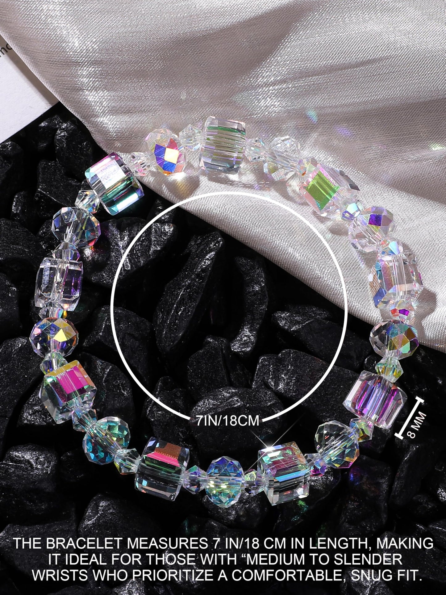 HANGINTHERE Aurora Crystal Bracelet for Women ,7 Inch Stretchy Iridescent Bracelet with 8mm Aurora Borealis Beads,Gift for Girlfriend Best Friends Mom Wife, Birthday Valentine‘s Present with Velvet Pouch