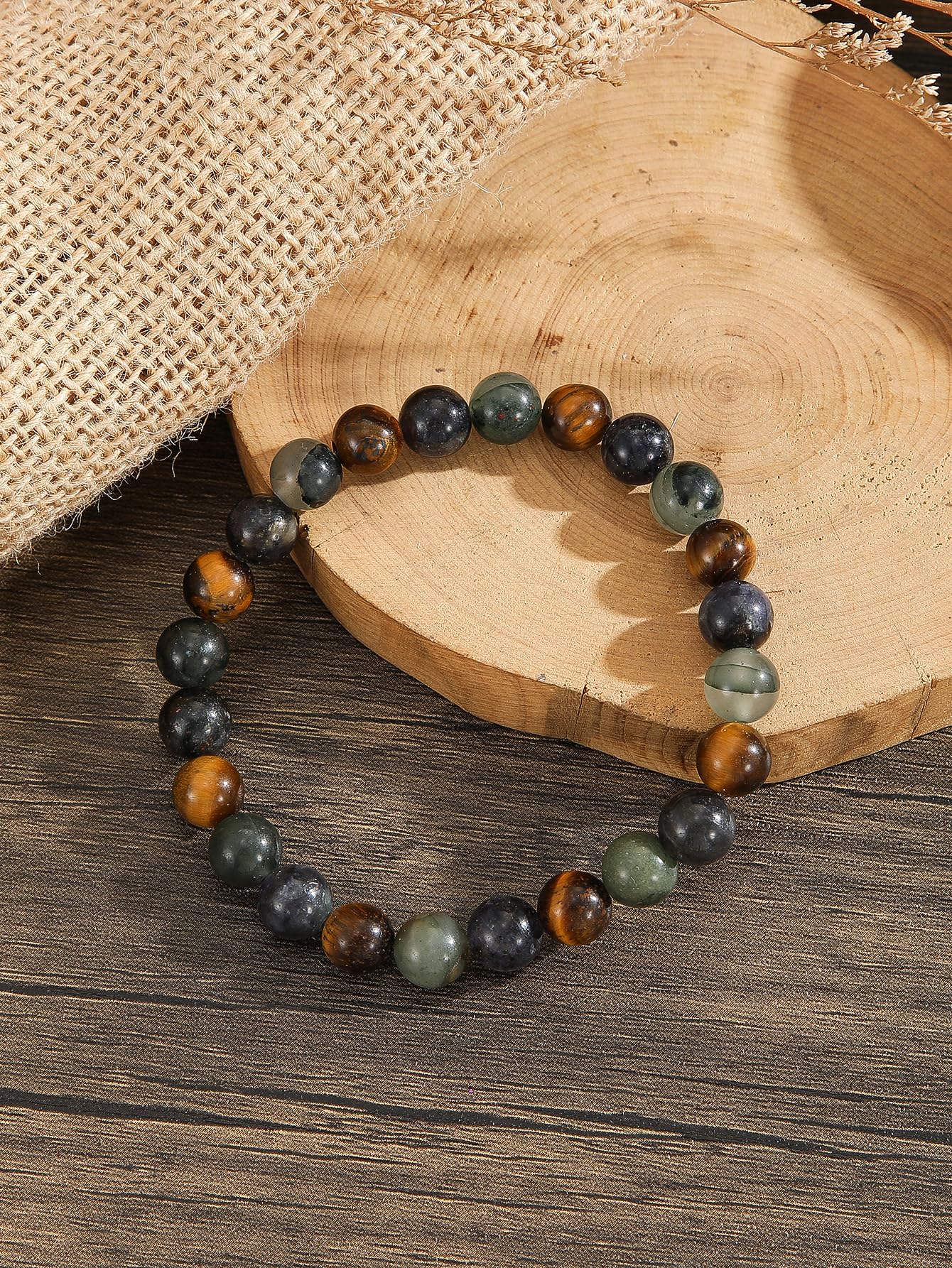 Crystal Vibe Triple Protection Bracelet - Tiger's Eye - Bloodstone - Iolite - Natural Gemstone Healing Bracelet - 8mm Beaded Bracelet for Protection Balance - Elastic Adjustable Size