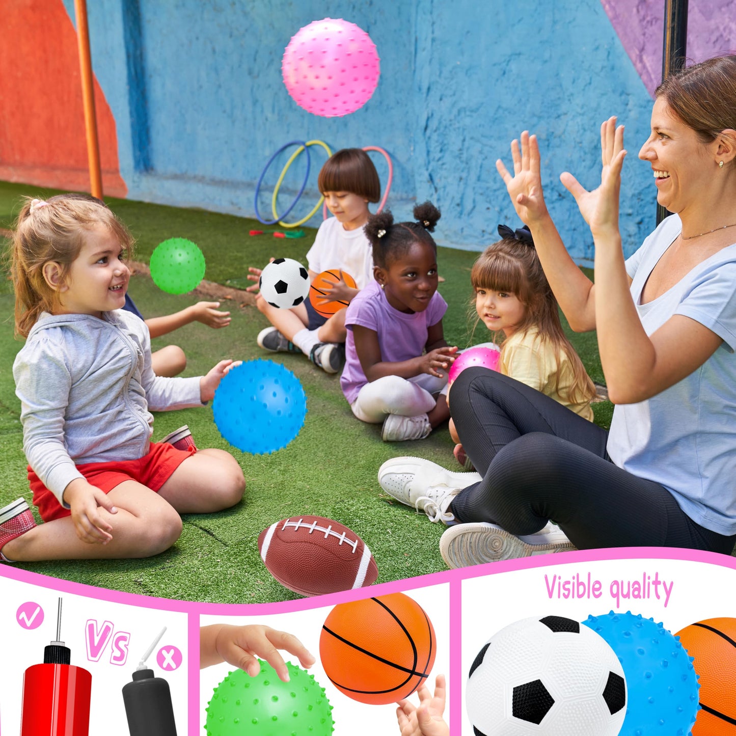 Ladwon Kids Ball, Balls for Toddlers 1-3, Set of 6 Toddler Ball, Outdoor Toy for Kids, Soft Balls for Kid, Baby Sports Beach Toys, Green&Safe Soccer Basketball Baseball Rugby with Free Bump