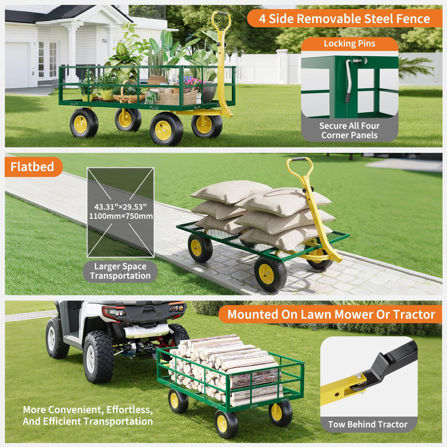 Garden Cart & Utility Wagon1200 lb Heavy-Duty Wheelbarrow, 47"x31" Steel Yard Cart with Wheels, 180° Adjustable Yellow T-Handle, Green (for Lawn, Patio & Farm)