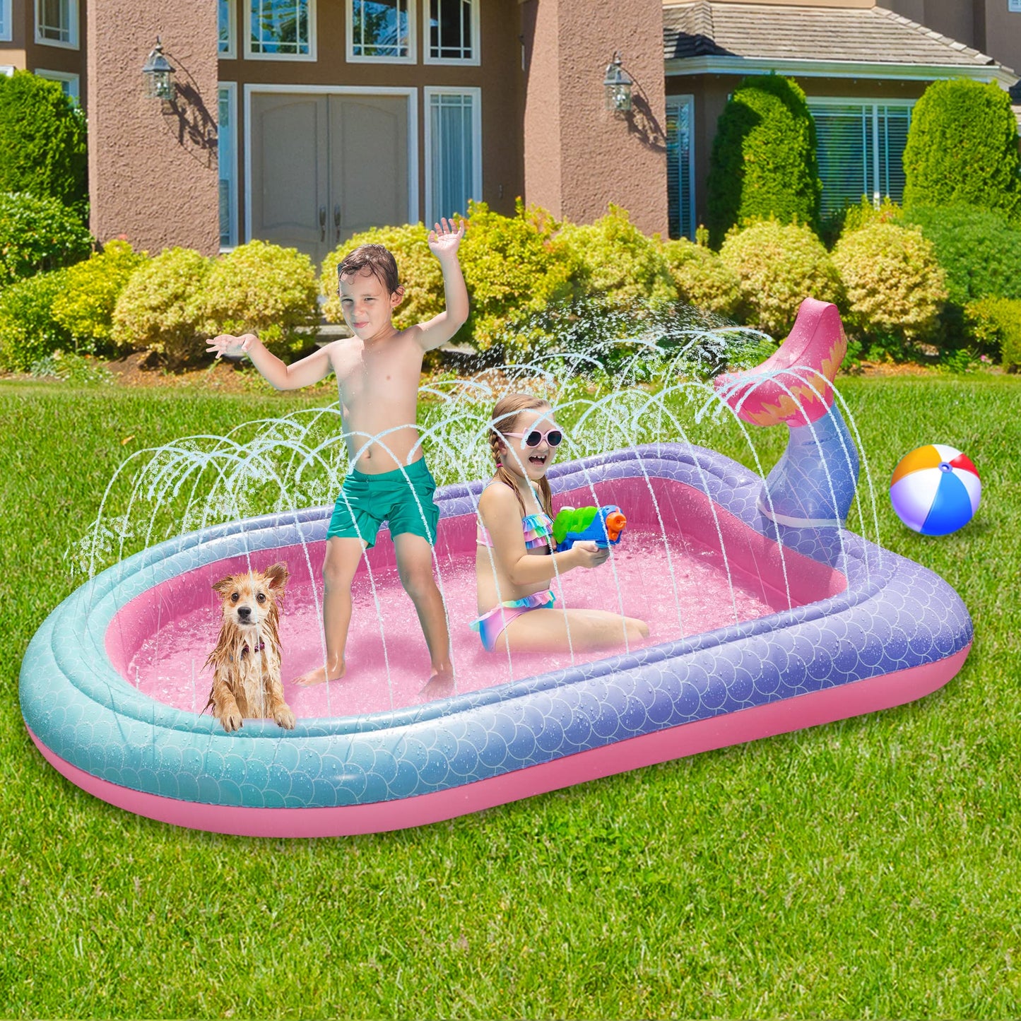 Ancesfun 65" Mermaid Splash Pad & Sprinkler for Kids, Large Outdoor Water Play Mat Summer Inflatable Wading Pool, Fun Sprinkler Water Toys for Toddlers Babies Boys Girls Age 3+ -Pink