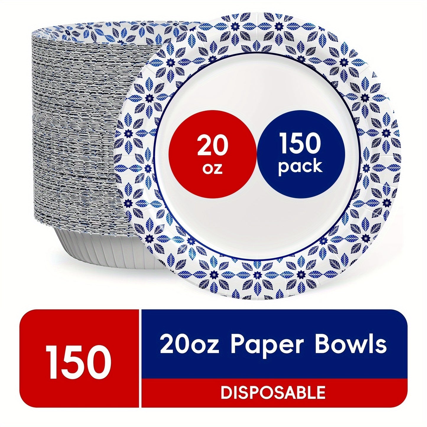 Disposable Paper Bowls, Strong, Soak Proof, Microwave Safe, 20oz, Patterned, 150 Count, Picnic Essentials, Elegant Disposables, Festive Tableware, Soakproof Material, Durable Disposable, Paper Cups, Bulk Disposables, Event Planners