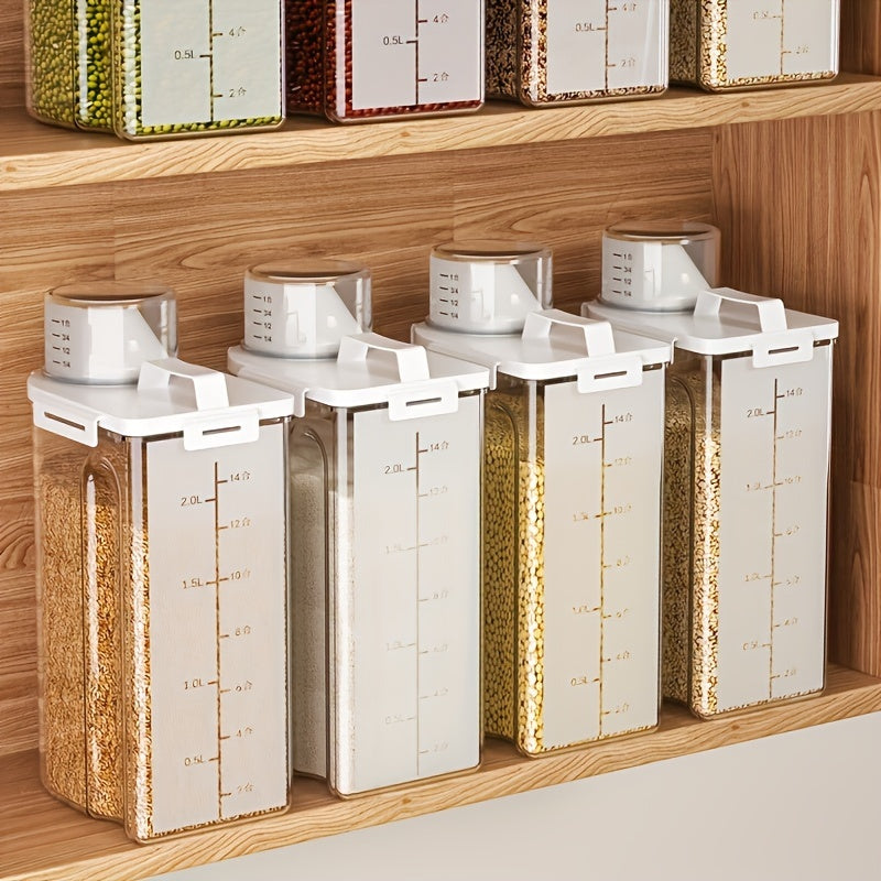 Set of 4, 5-Pound Rice Storage Containers with Airtight Seals, Designed for Dry Grains. These Transparent Plastic Boxes Feature a Pouring Spout And Are Suitable for Storing Grains, Meats, Flour, And Snacks.