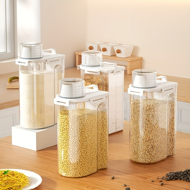 Set of 4, 5-Pound Rice Storage Containers with Airtight Seals, Designed for Dry Grains. These Transparent Plastic Boxes Feature a Pouring Spout And Are Suitable for Storing Grains, Meats, Flour, And Snacks.