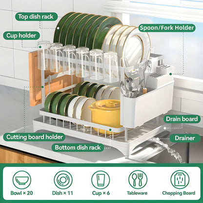 Savemora 2-Tier Dish Drying Rack with Auto-Drain & Utensil Holder – Space-Saving Kitchen Counter Organizer