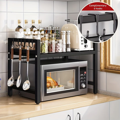 Microwave Stand, Expandable Carbon Steel Heavy Duty 2-Tier Shelf, 55lbs Weight Capacity, 6 Hooks, for Kitchen Shelves Counter Top Organizer Utensils Tableware Storage, Bakers Rack