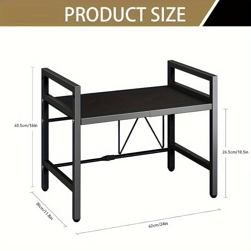 Microwave Stand, Expandable Carbon Steel Heavy Duty 2-Tier Shelf, 55lbs Weight Capacity, 6 Hooks, for Kitchen Shelves Counter Top Organizer Utensils Tableware Storage, Bakers Rack