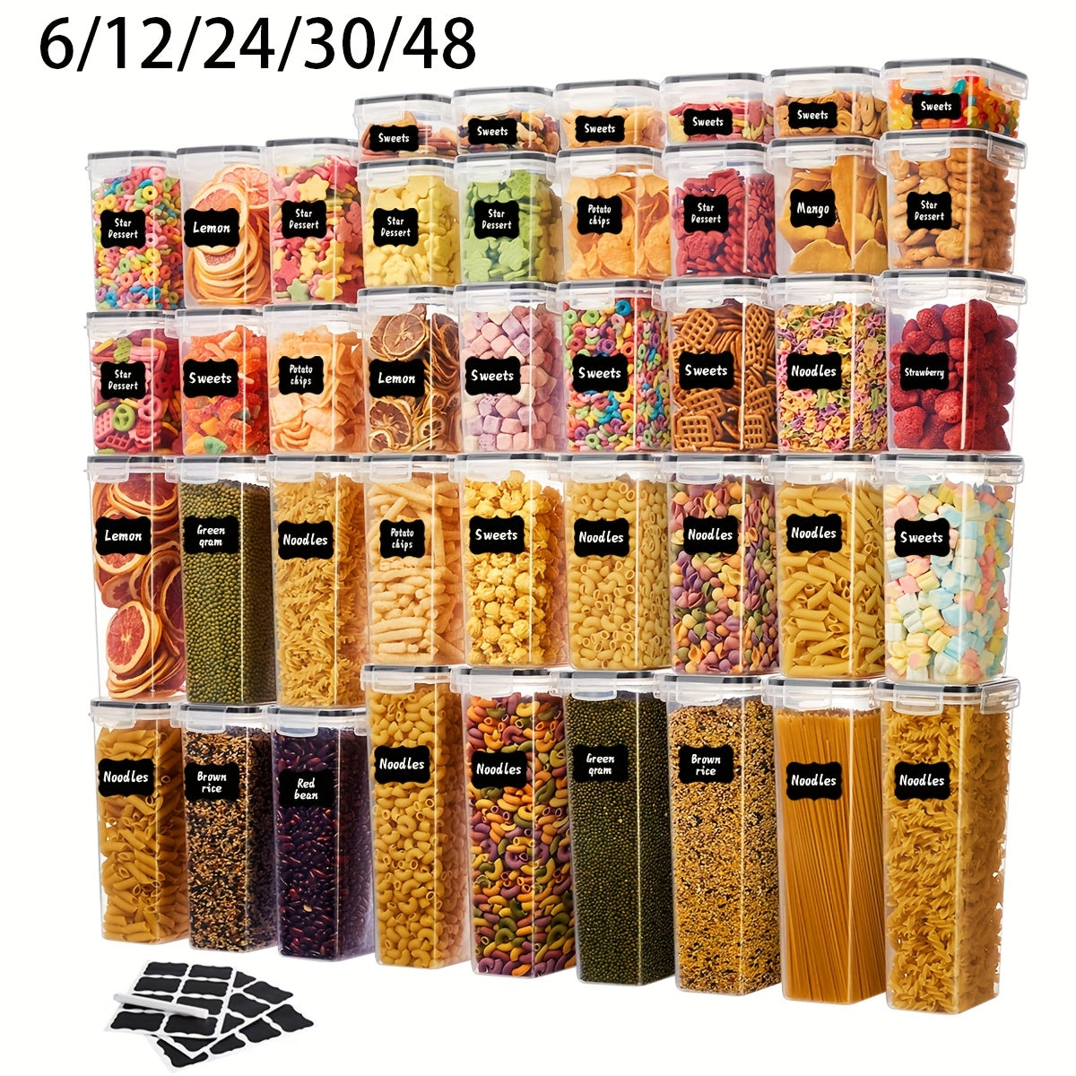 6/12/24/30/48 Set Of Airtight Food Storage Containers, Multi-size Kitchen Essentials Pantry Organizer And Storage, (6/12/15/ 24 Containers And 6/12/15/ 24 LIDS), BPA-free Plastic Food Jars for Grains, Flour, Spice Jars Including Labels And Markers
