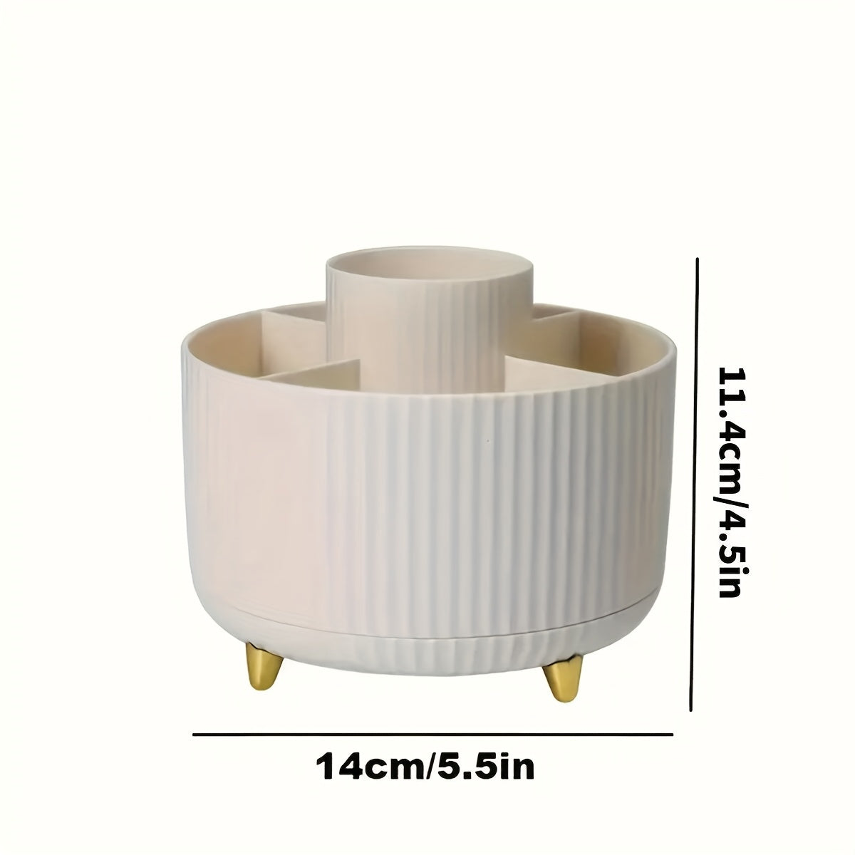 360° Rotating Makeup Organizer - 1pc Plastic Cosmetic Storage with 5 Compartments - Multi-Functional Holder for Brushes, Lipsticks, Light Beige Care Products, and Stationery - Durable Unscented Desk Caddy with Luxury Stripe Design, Perfume Organizer