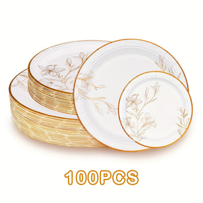 300/200/100 Disposable Tableware Set, Golden Disposable Paper Plates, 9'' Disposable Dinner Plates, 7'' Dessert Plates, Minimalist Family-size Disposable Dinnerware For Wedding Birthday Banquet Anniversary Picnic Thanksgiving Christmas Party Decor