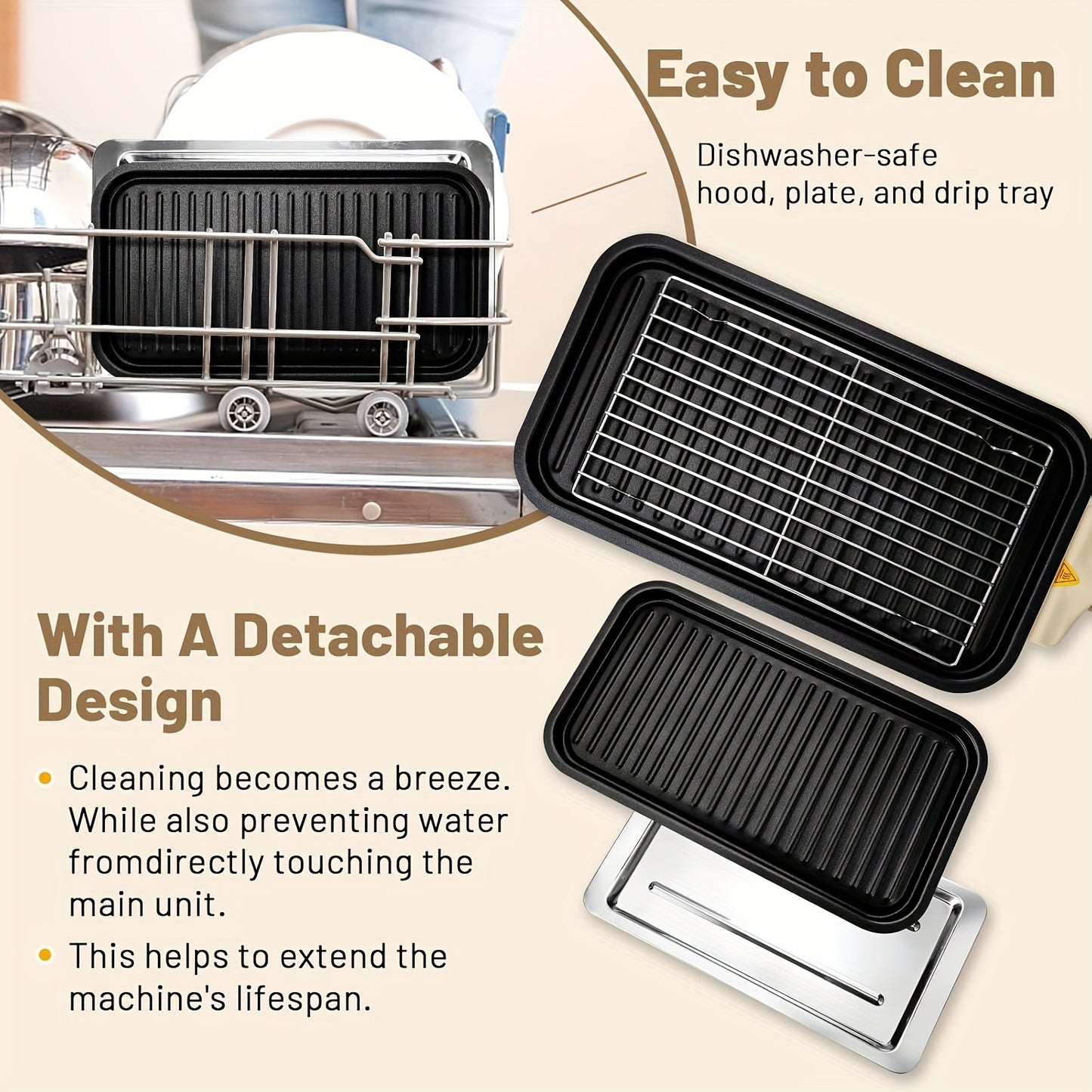Smokeless Electric Grill, Frying And Grilling Electric Grill with Removable Non-stick Tray And Grill Rack, with 3 Mini Pans, Home Grill, Adjustable Temperature, Indoor Grilling, Kitchen Utensils, Stainless Steel