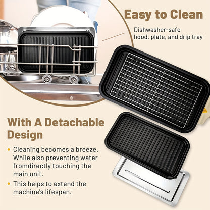 Smokeless Electric Grill, Frying And Grilling Electric Grill with Removable Non-stick Tray And Grill Rack, with 3 Mini Pans, Home Grill, Adjustable Temperature, Indoor Grilling, Kitchen Utensils, Stainless Steel