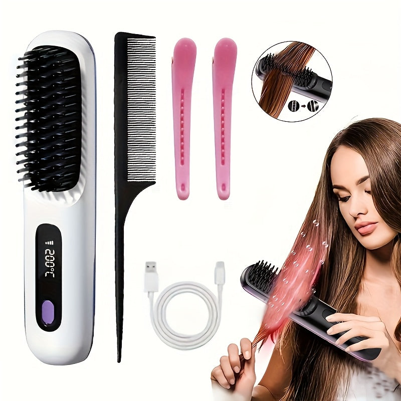 Portable Wireless Hair Straightener Comb | USB Charging, 3-speed Temperature Control, Negative Ion Technology, Long-lasting Luster, LED Display, Lightweight, Perfect for Travel, Includes Comb and Clip.