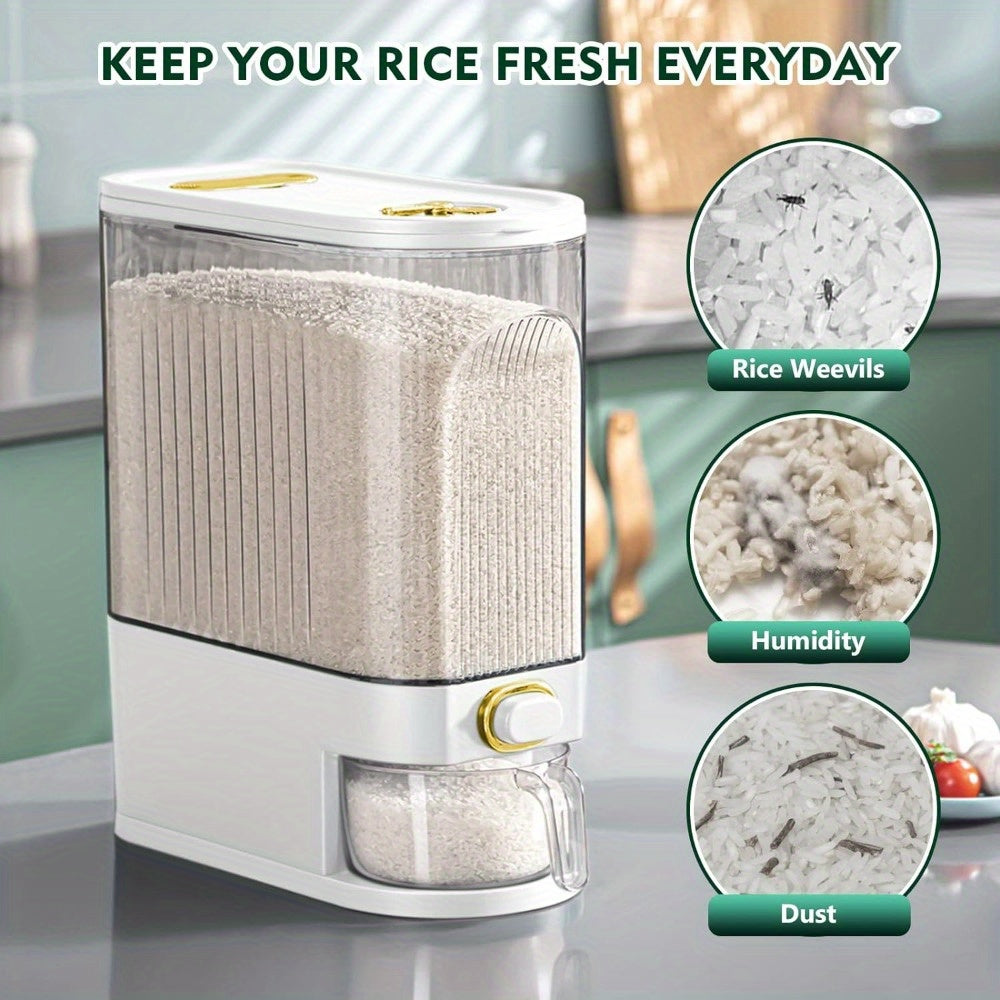 22 lbs/10kg Large Rice Dispenser with Measuring Cup & Time Scale - Plastic Grain Storage Container, Locking Lid & Window for Kitchen Pantry - Dispensing Dry Food for Rice, Wheat, Barley (Heavy-Duty