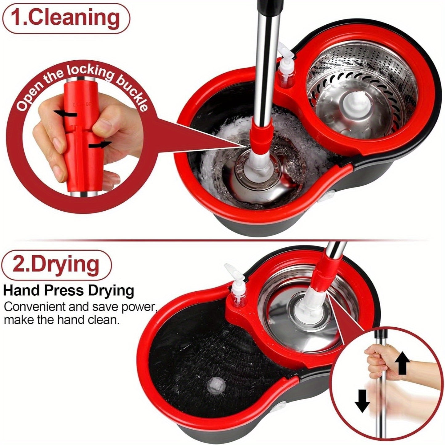 Heavy-Duty Spin Mop and Bucket with Wringer Set - Commercial/Residential Floor Cleaning System with 360° Spinning Bucket, 4 Microfiber Mop Heads & Adjustable Stainless Steel Handle, Space-Saving Mop System