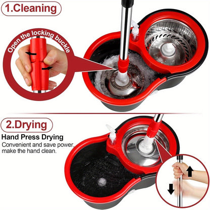 Heavy-Duty Spin Mop and Bucket with Wringer Set - Commercial/Residential Floor Cleaning System with 360° Spinning Bucket, 4 Microfiber Mop Heads & Adjustable Stainless Steel Handle, Space-Saving Mop System