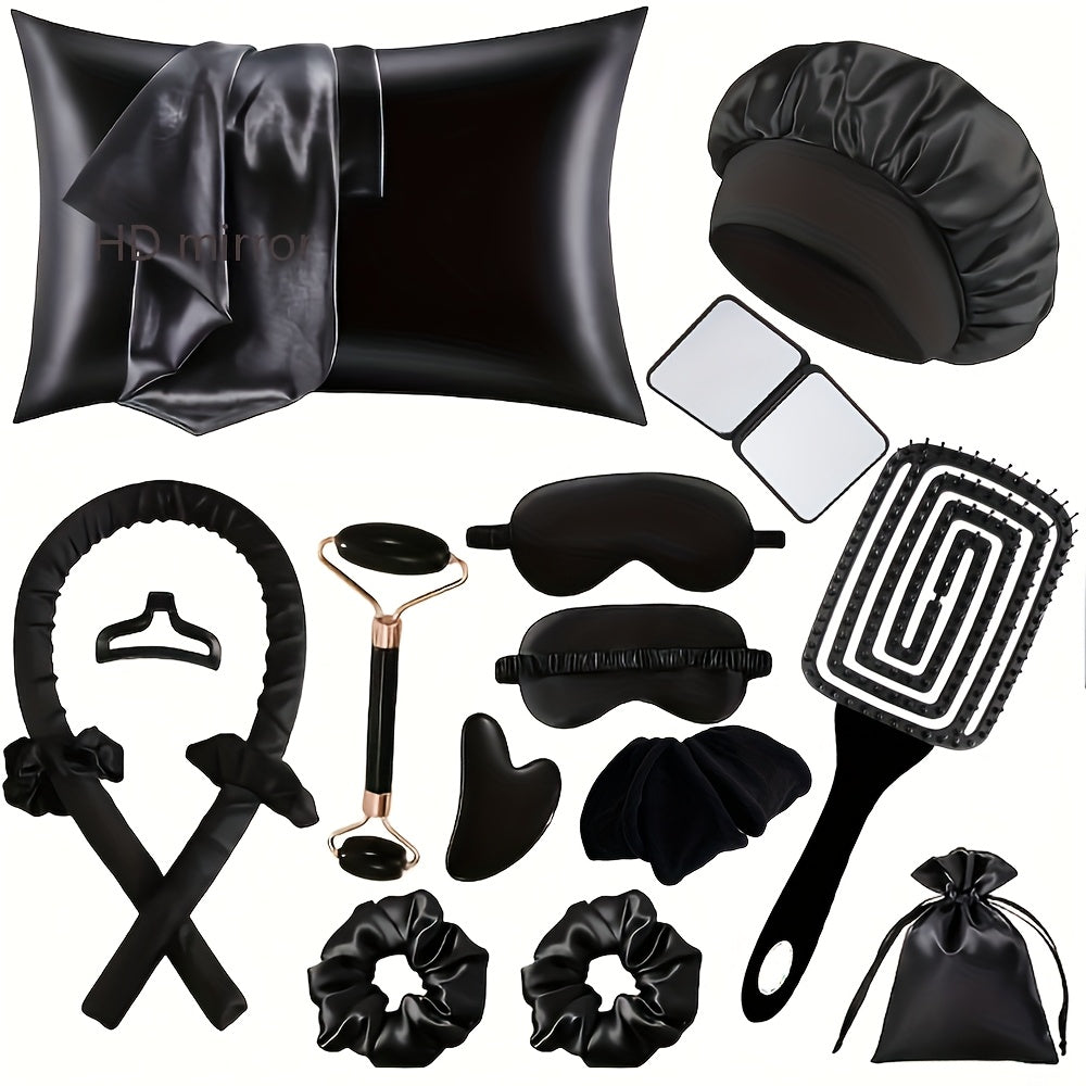 17pcs Sleep Hair Tool Set, 4pcs Curler Set, 2pcs Facial Massager, 2 Hair Bands, 3 Hair Ties, 1 Comb, 1 Mirror, 1 Soft Sleep Eye Mask, 1 Satin Sleep Cap, 1 Satin Storage Pouch, for Hairstyles And Light Beige Queen Set