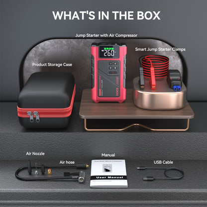 4000A Portable Wireless Car Air Compressor Jump Starter with Air Compressor, Battery Jump Starter Portable Peak, Car Battery Charger Portable For12V(8.0LGas/6.5L Diesel) Start The Car Quickly, USB Input/output, LED Emergency, Car Accessories Tools