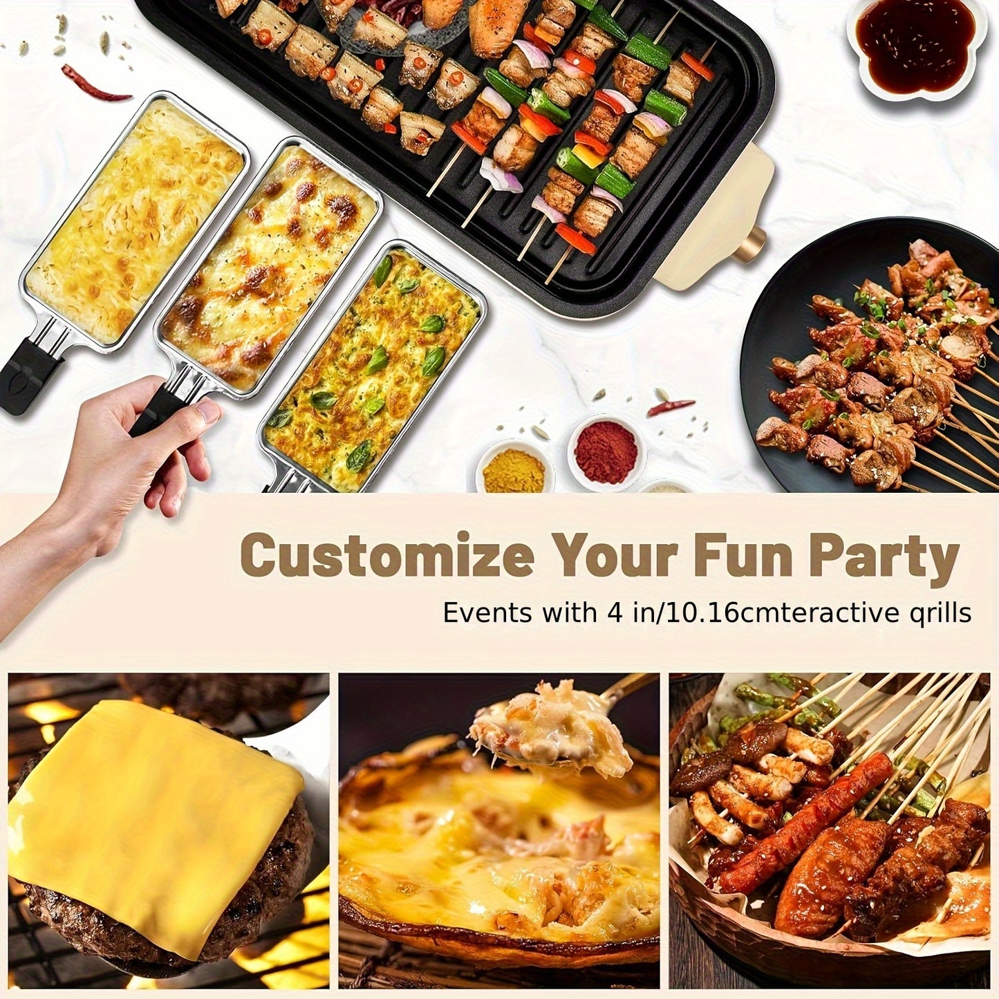 Smokeless Electric Grill, Frying And Grilling Electric Grill with Removable Non-stick Tray And Grill Rack, with 3 Mini Pans, Home Grill, Adjustable Temperature, Indoor Grilling, Kitchen Utensils, Stainless Steel
