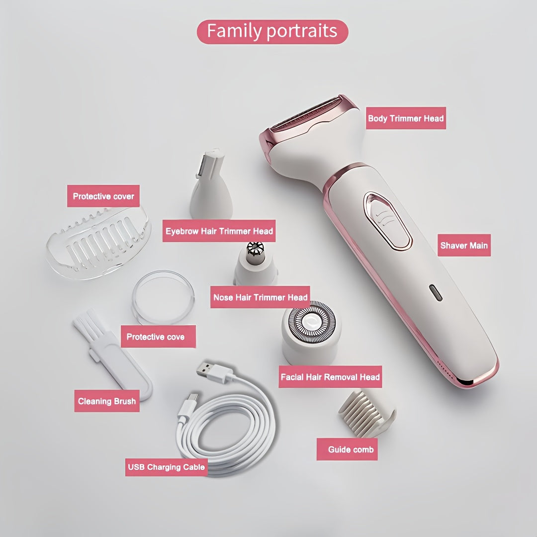 [4-in-1 Painless Razor for Women] 4-in-1 Rechargeable Electric Razor for Women - Face, Nose, Legs, Underarm, Bikini Trimmer - Wet & Dry, Painless Grooming Kit - Portable & Rechargeable