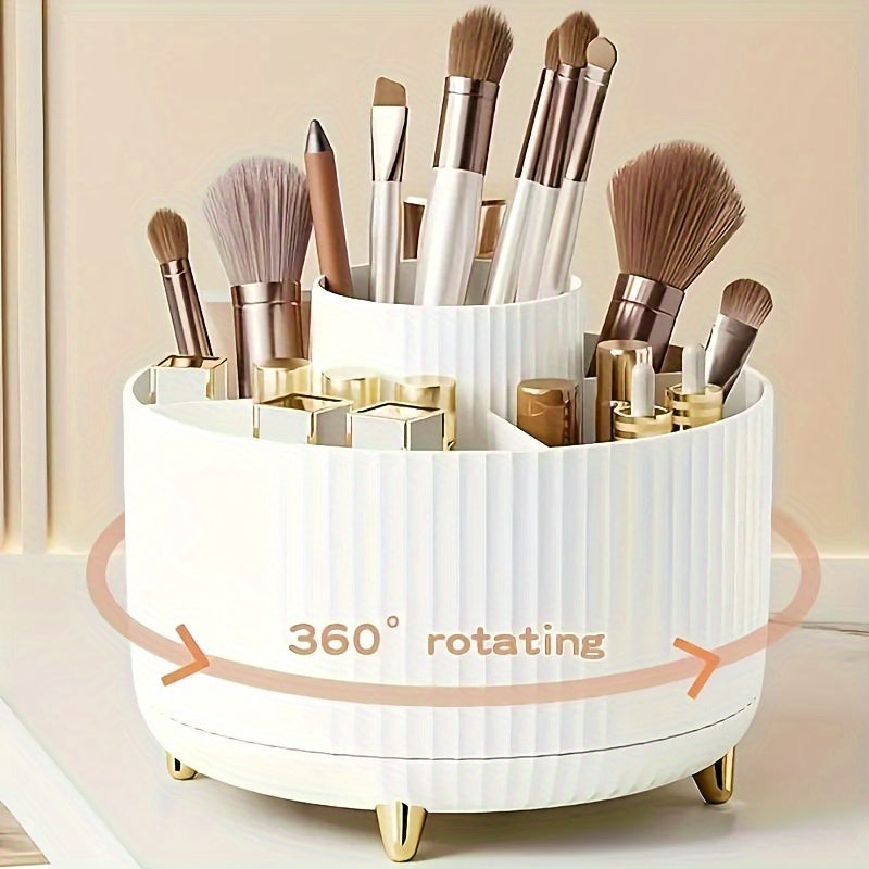 360° Rotating Makeup Organizer - 1pc Plastic Cosmetic Storage with 5 Compartments - Multi-Functional Holder for Brushes, Lipsticks, Light Beige Care Products, and Stationery - Durable Unscented Desk Caddy with Luxury Stripe Design, Perfume Organizer
