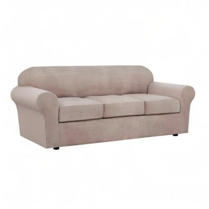 H.VERSAILTEX 4 Piece Stretch Sofa Covers for 3 Cushion Couch Covers for Living Room Slipcovers (Base Cover Plus 3 Seat Cushion Covers) Upgraded Thicker Jacquard Fabric (Sofa, Sand)