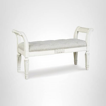 Signature Design by Ashley Realyn French Country Upholstered Tufted Accent Bench with Foam Cushion and Scrolled Arms, Wood Frame, 25.88" High, Antique White