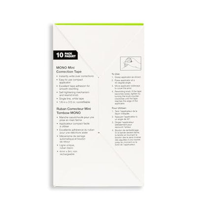 Tombow 68722 MONO Mini Correction Tape Easy to Use Applicator for Instant Corrections,Clear, 10-Pack